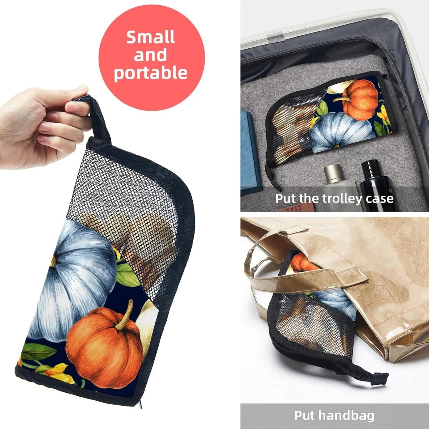 Travel Makeup Brush Holder, Large Stand-Up Makeup Brush Case, Professional Brush Organizer Foldable Makeup Artist Brush Storage Bag - Watercolor Pumpkins and Sunflowers