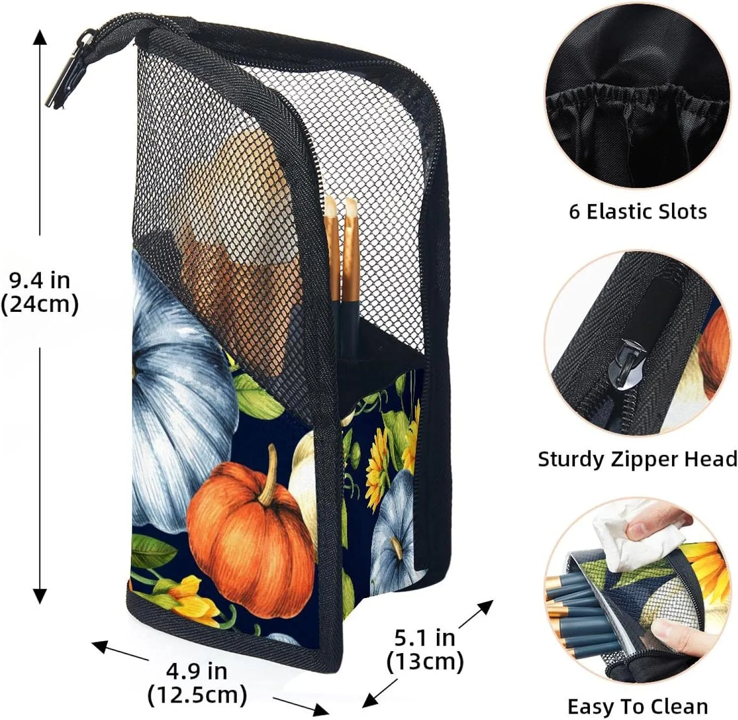 Travel Makeup Brush Holder, Large Stand-Up Makeup Brush Case, Professional Brush Organizer Foldable Makeup Artist Brush Storage Bag - Watercolor Pumpkins and Sunflowers