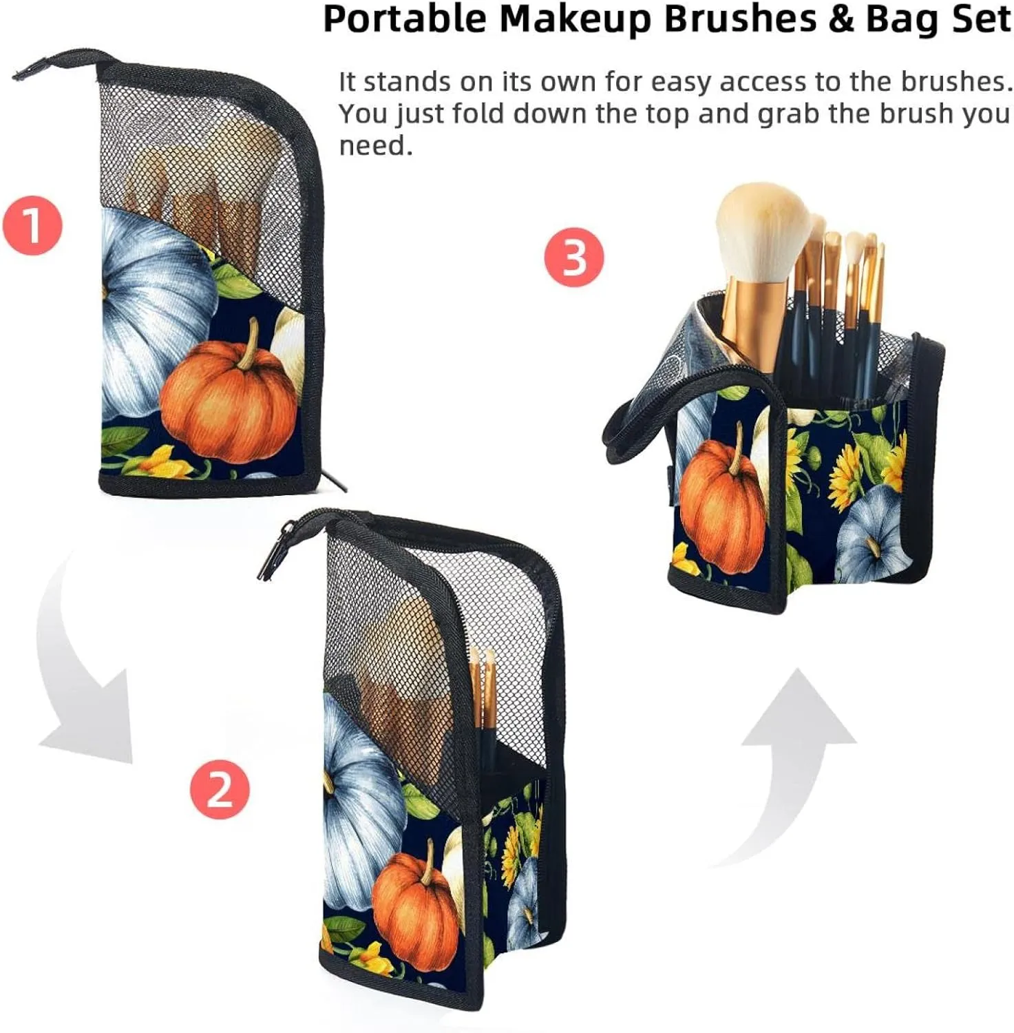 Travel Makeup Brush Holder, Large Stand-Up Makeup Brush Case, Professional Brush Organizer Foldable Makeup Artist Brush Storage Bag - Watercolor Pumpkins and Sunflowers