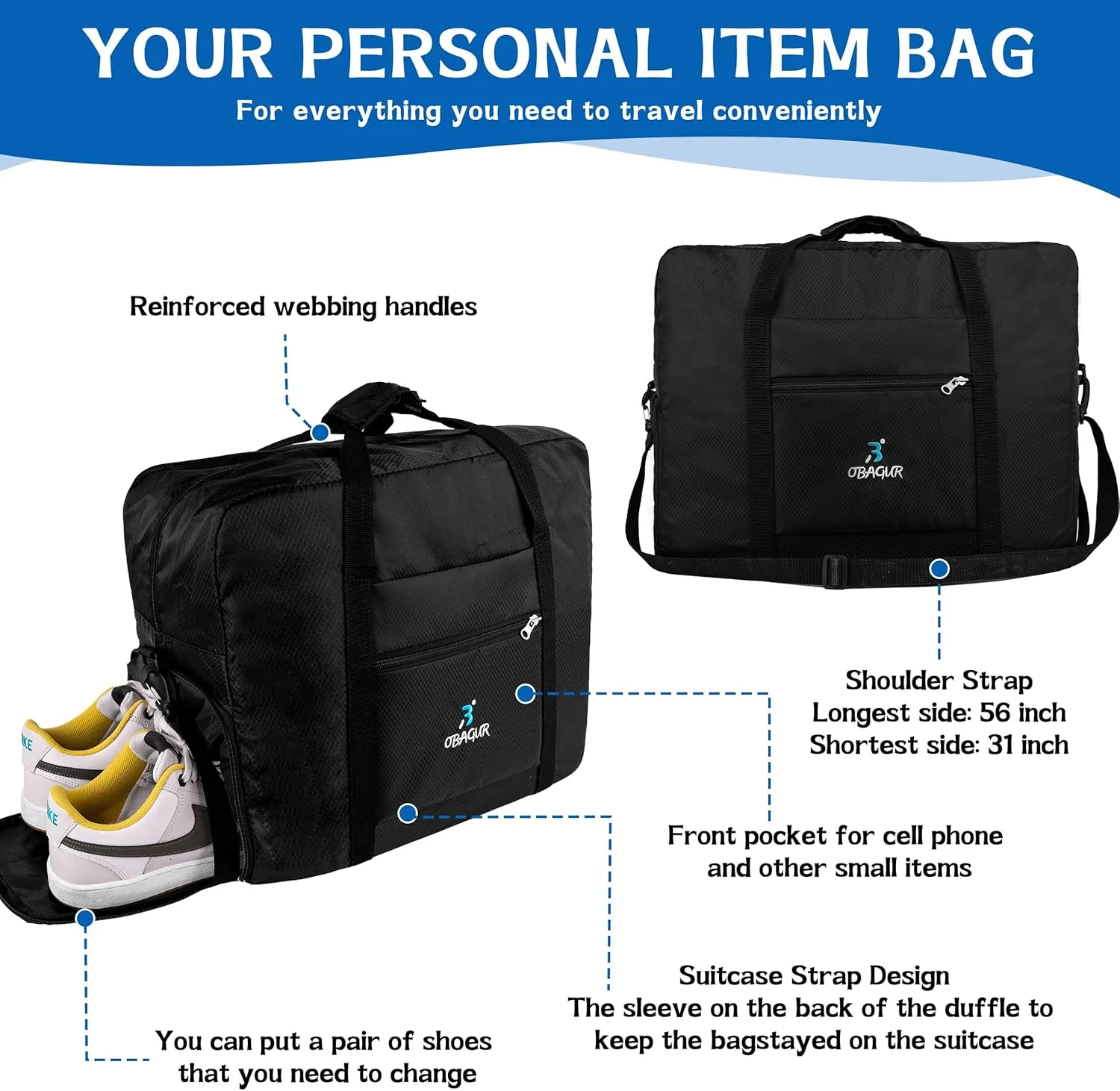 Travel Tote Bag Foldable Travel Duffel Bag For Spirit Airlines Personal Item Bag, Weekender Bags for Men Women with Shoe Compartment, Carry on Overnight Bag(Black, 20L)