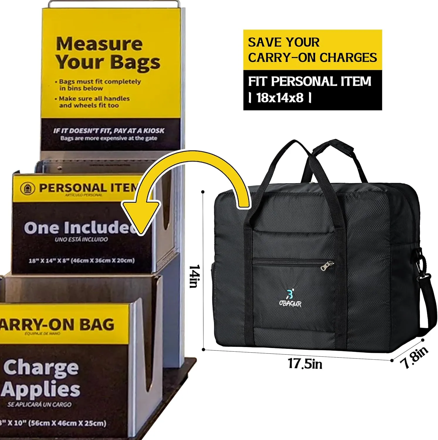 Travel Tote Bag Foldable Travel Duffel Bag For Spirit Airlines Personal Item Bag, Weekender Bags for Men Women with Shoe Compartment, Carry on Overnight Bag(Black, 20L)