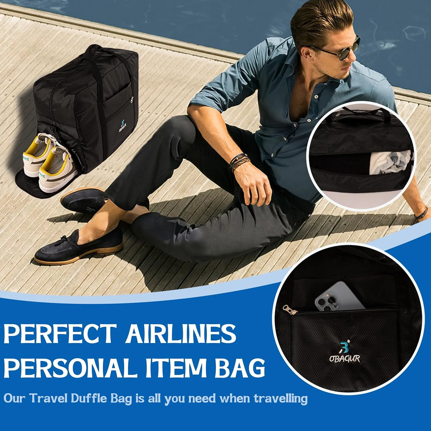 Travel Tote Bag Foldable Travel Duffel Bag For Spirit Airlines Personal Item Bag, Weekender Bags for Men Women with Shoe Compartment, Carry on Overnight Bag(Black, 20L)