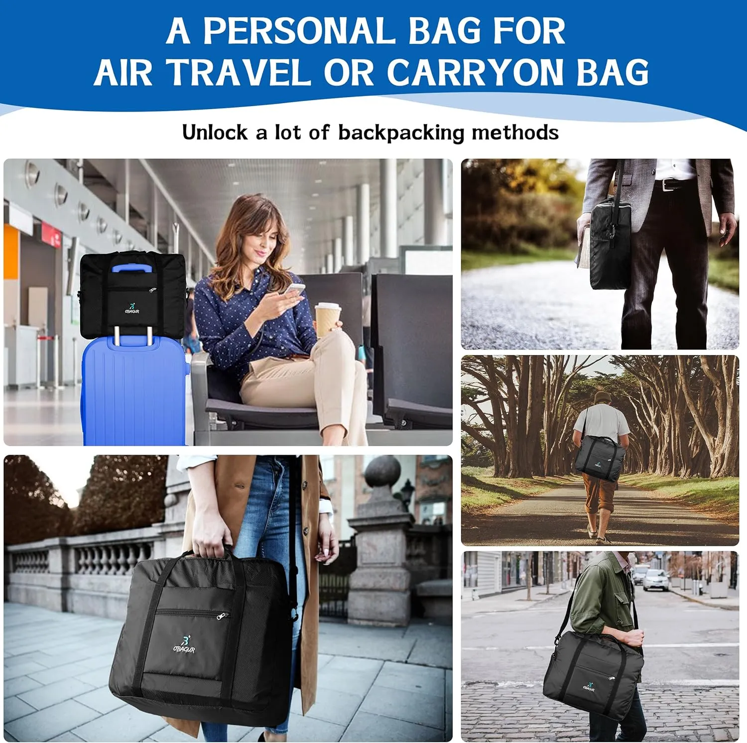 Travel Tote Bag Foldable Travel Duffel Bag For Spirit Airlines Personal Item Bag, Weekender Bags for Men Women with Shoe Compartment, Carry on Overnight Bag(Black, 20L)