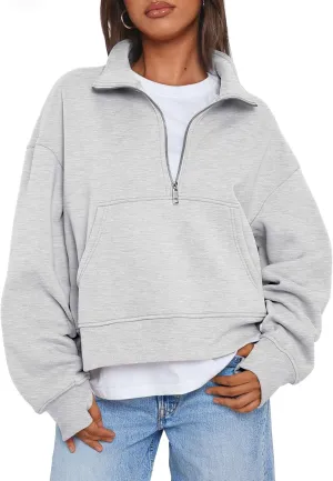 Trendy Queen Womens Sweatshirts Quarter Zip Pullover Oversized Cropped Sweater Fall Winter Hoodies