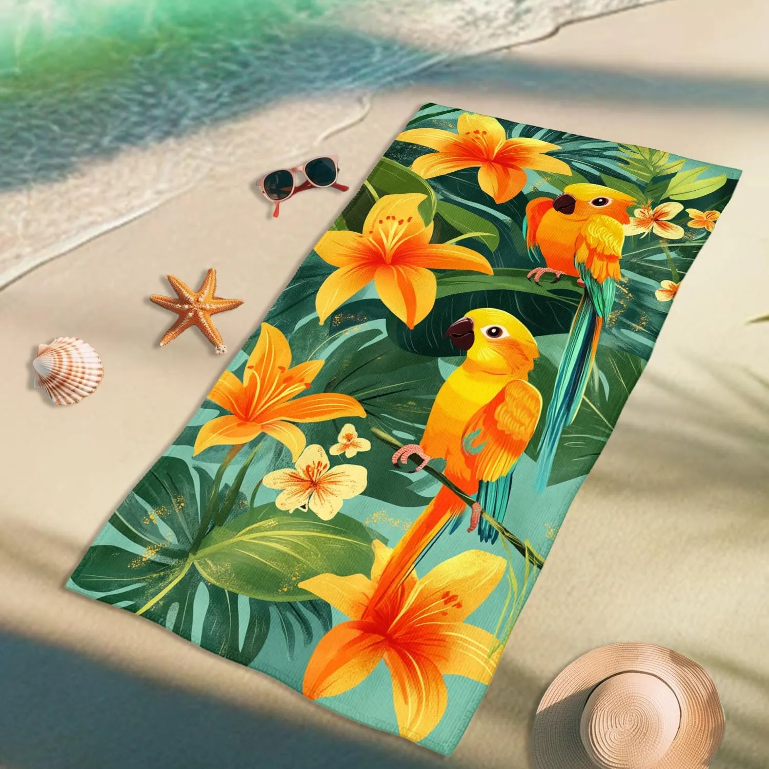 Tropical Parrots Beach Towel Yellow Floral Microfiber Towel, Quick Dry Absorbent Sand Free Lightweight Beach Blanket, Vacation Pool Picnic Essentials 70x35 Inch