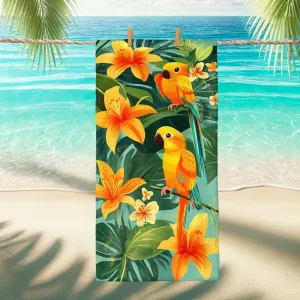 Tropical Parrots Beach Towel Yellow Floral Microfiber Towel, Quick Dry Absorbent Sand Free Lightweight Beach Blanket, Vacation Pool Picnic Essentials 70x35 Inch