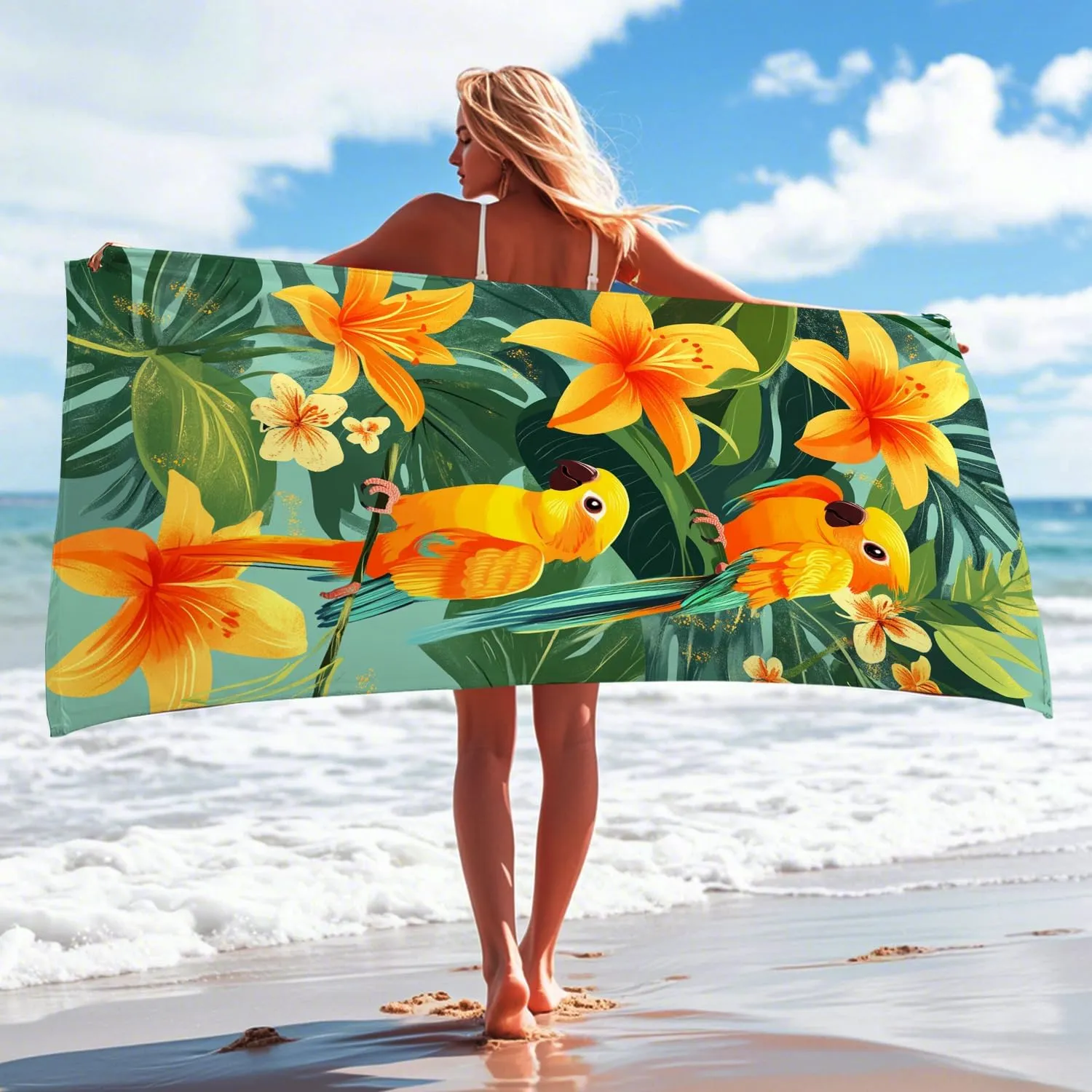 Tropical Parrots Beach Towel Yellow Floral Microfiber Towel, Quick Dry Absorbent Sand Free Lightweight Beach Blanket, Vacation Pool Picnic Essentials 70x35 Inch