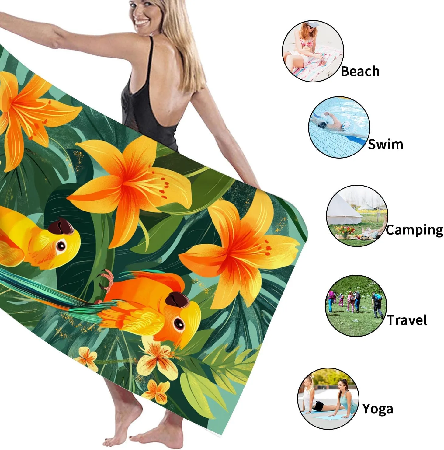 Tropical Parrots Beach Towel Yellow Floral Microfiber Towel, Quick Dry Absorbent Sand Free Lightweight Beach Blanket, Vacation Pool Picnic Essentials 70x35 Inch