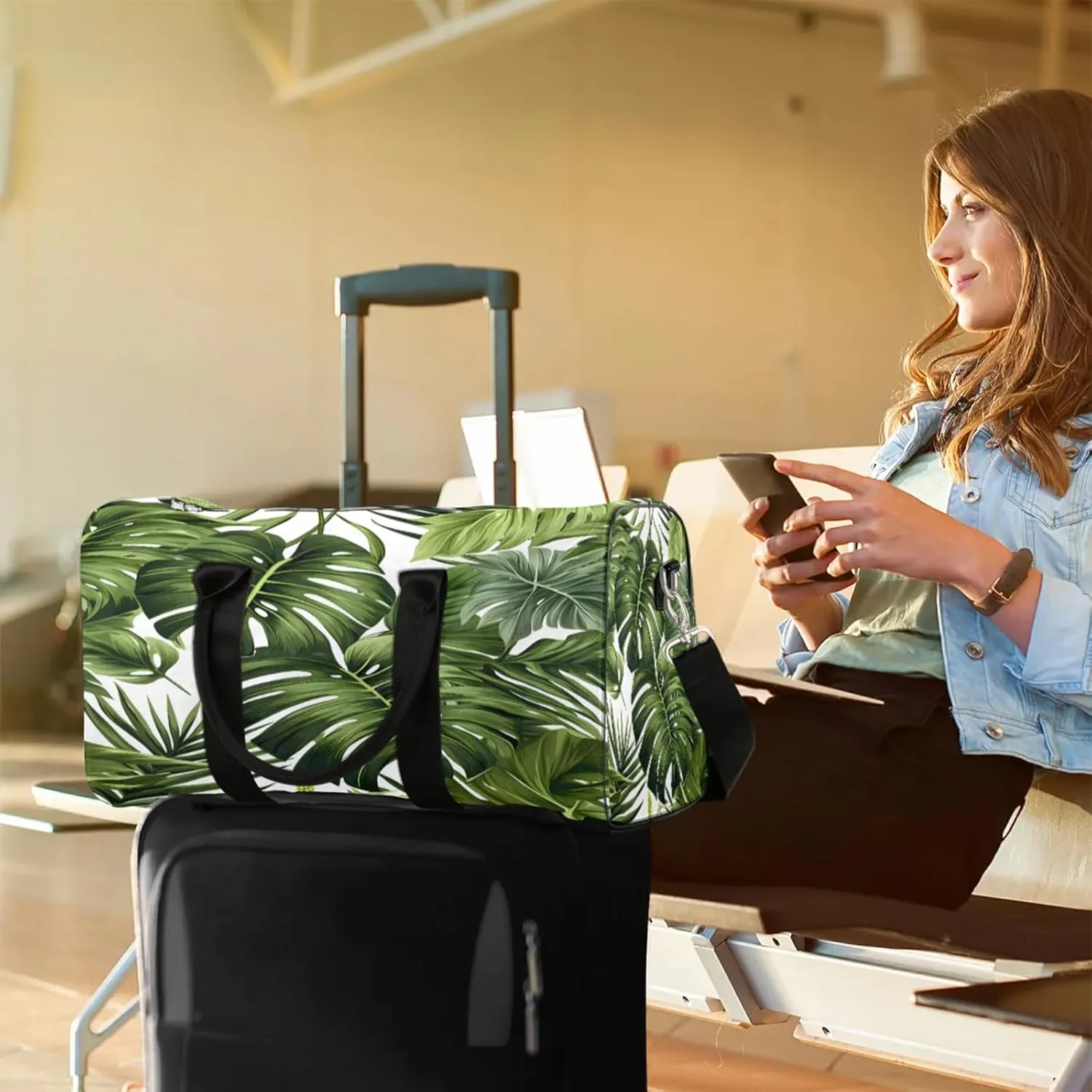 Tropical Plants Green Palms Leaf Banana Leaves Travel Duffle Bag, Sports Gym Bags for Women Men, Carry On Weekender Overnight Workout Airplane Trips Bag