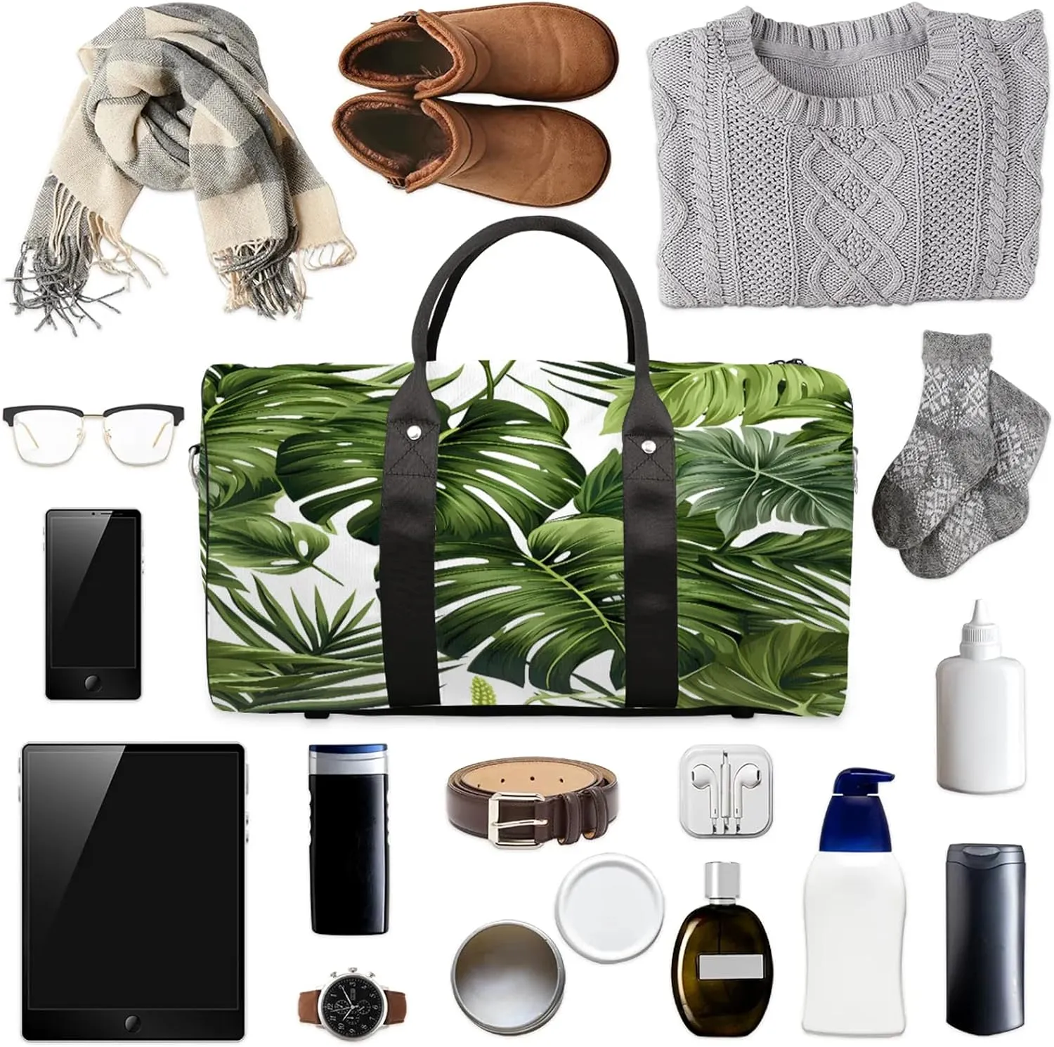 Tropical Plants Green Palms Leaf Banana Leaves Travel Duffle Bag, Sports Gym Bags for Women Men, Carry On Weekender Overnight Workout Airplane Trips Bag