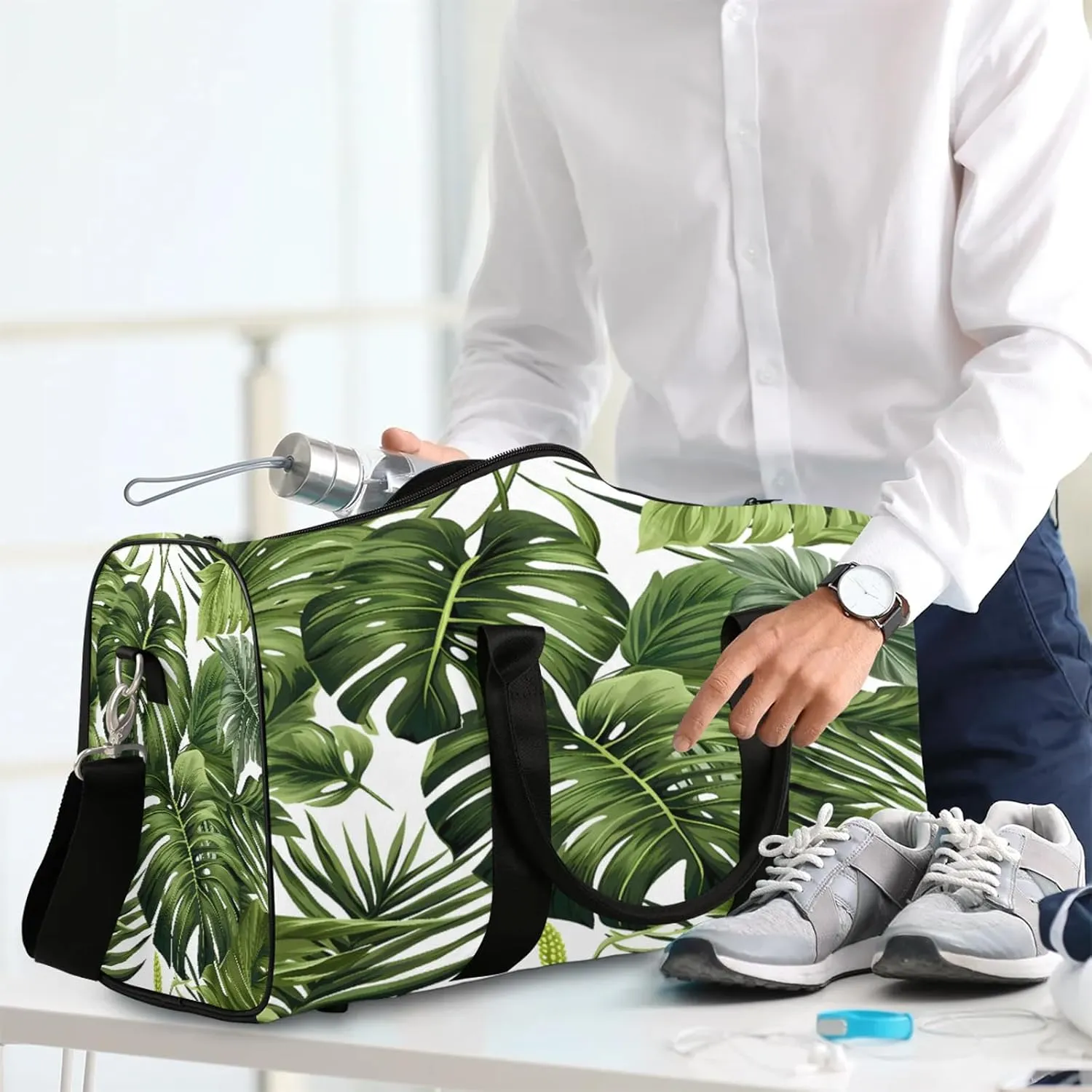 Tropical Plants Green Palms Leaf Banana Leaves Travel Duffle Bag, Sports Gym Bags for Women Men, Carry On Weekender Overnight Workout Airplane Trips Bag