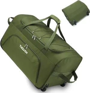 TUGUAN Foldable Duffel Bag with Wheels Extra Large 110L Rolling Travel Duffle Bag with Bungee, 28 inch Packable & Collapsible Carry on Luggage for Storage Traveling Camping, Green