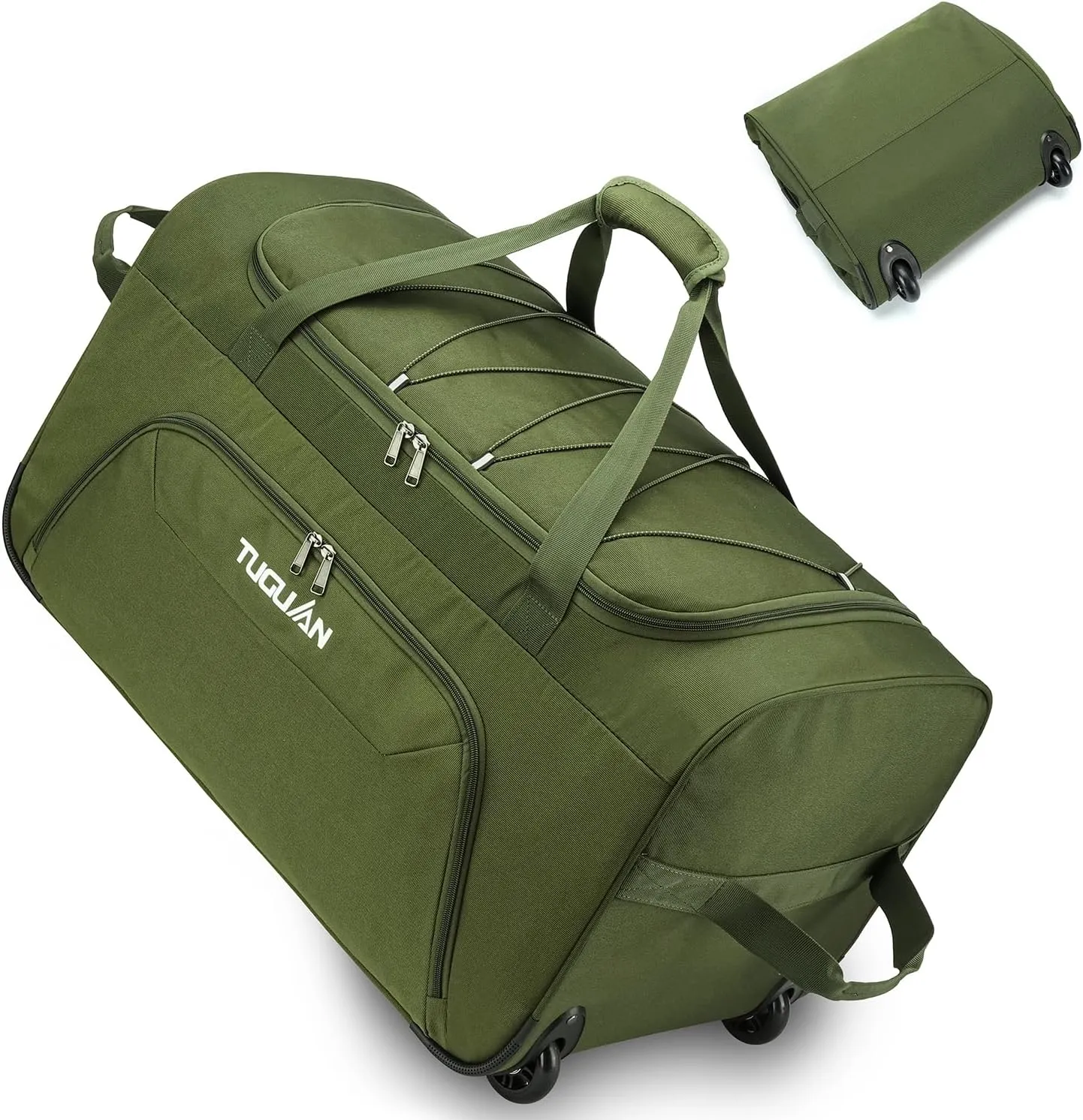 TUGUAN Foldable Duffel Bag with Wheels Extra Large 110L Rolling Travel Duffle Bag with Bungee, 28 inch Packable & Collapsible Carry on Luggage for Storage Traveling Camping, Green