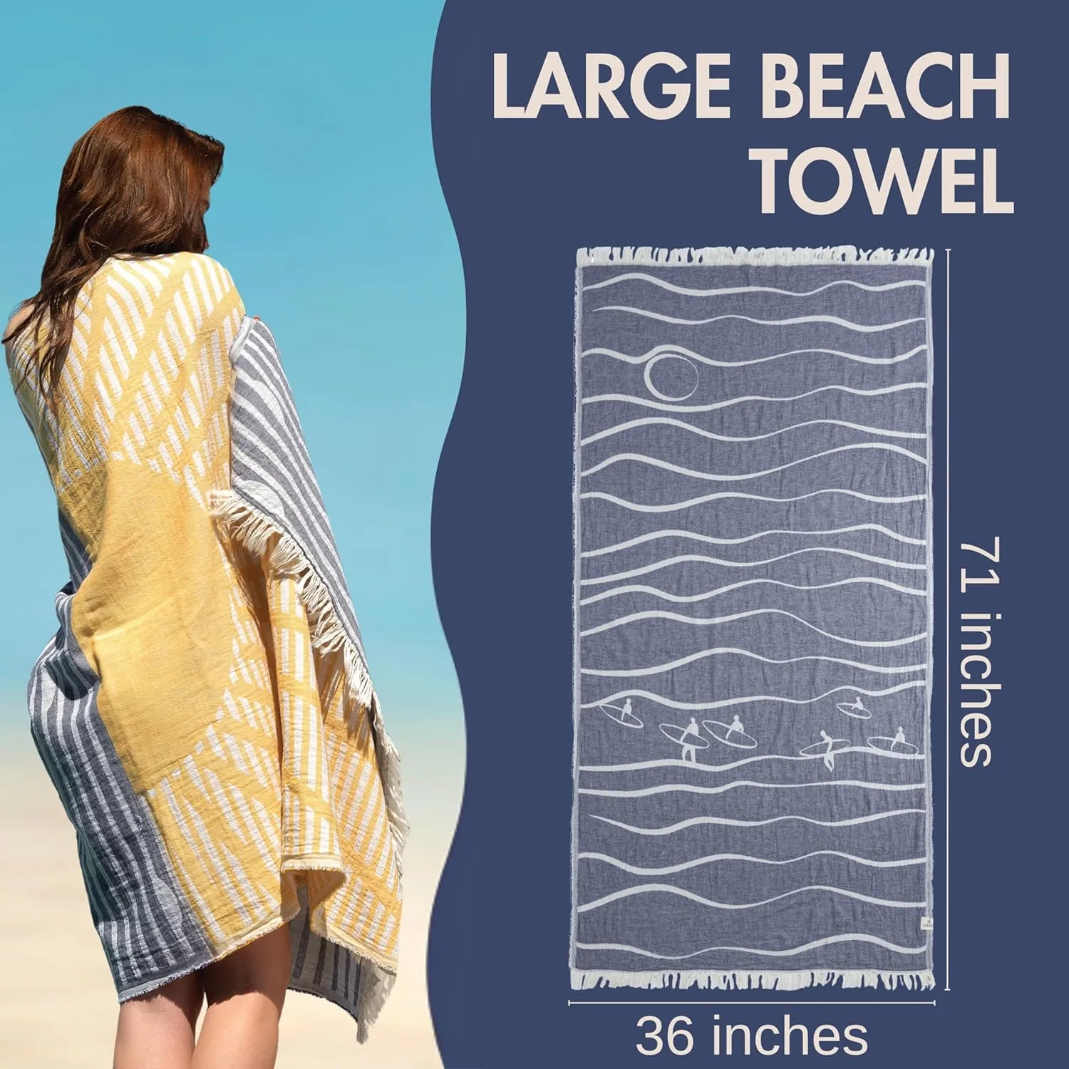 Turkish Beach Towel - Large 36 x 71 | Quick Dry Beach Towel is Essential for Enjoying A Day at The Beach | Sand Free Beach Towels for Clean and Comfortable Experience (Surfertide, Large)