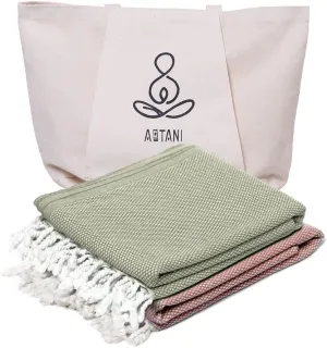 Turkish Beach Towel Pack of 2(69x35 Inches), Oversized 100% Cotton Bath Towels Lightweight Quick-Dry Beach Blanket for Travel, Picnic, Camping, Yoga and Pool(Green Orange)