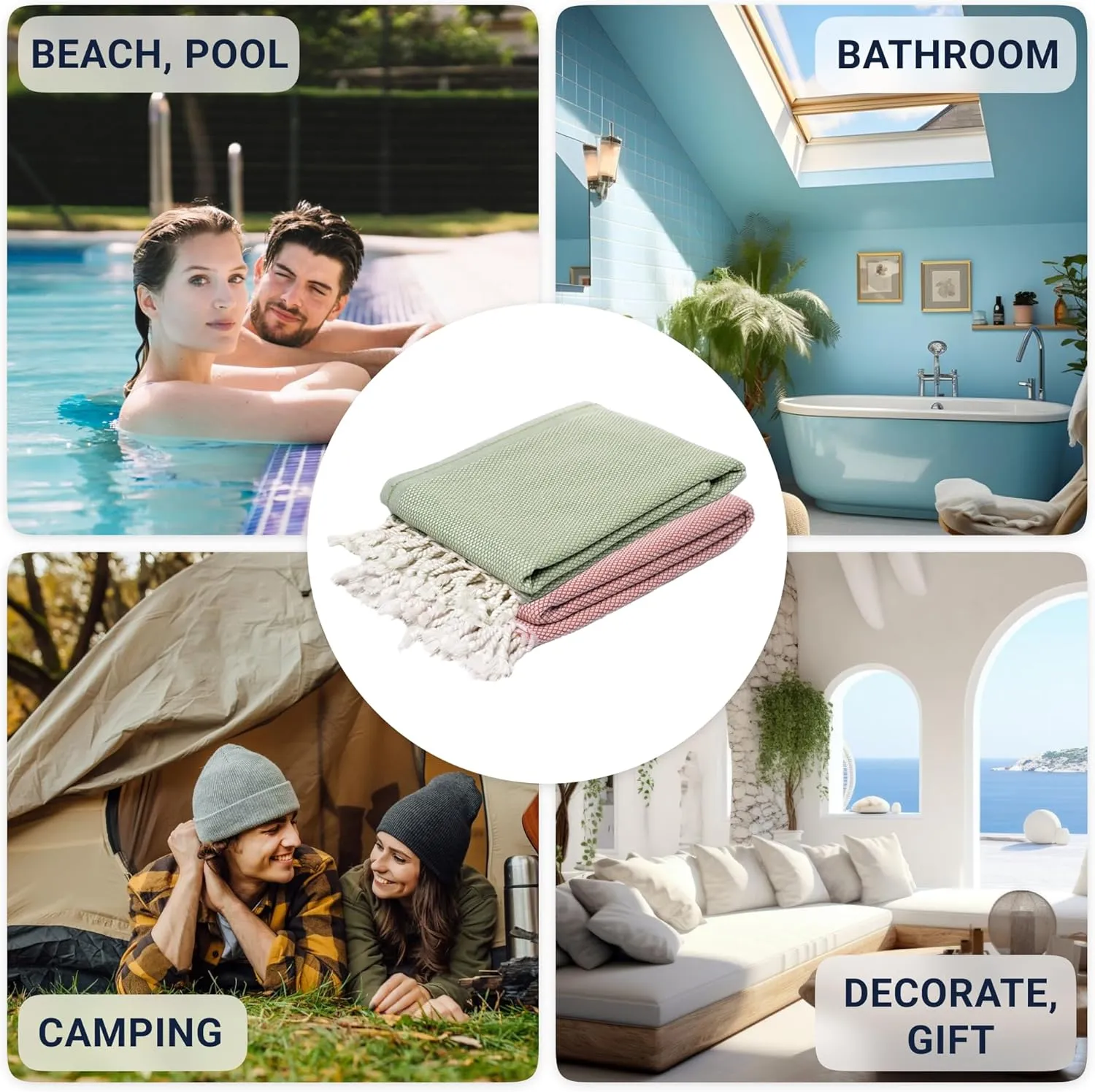 Turkish Beach Towel Pack of 2(69x35 Inches), Oversized 100% Cotton Bath Towels Lightweight Quick-Dry Beach Blanket for Travel, Picnic, Camping, Yoga and Pool(Green Orange)