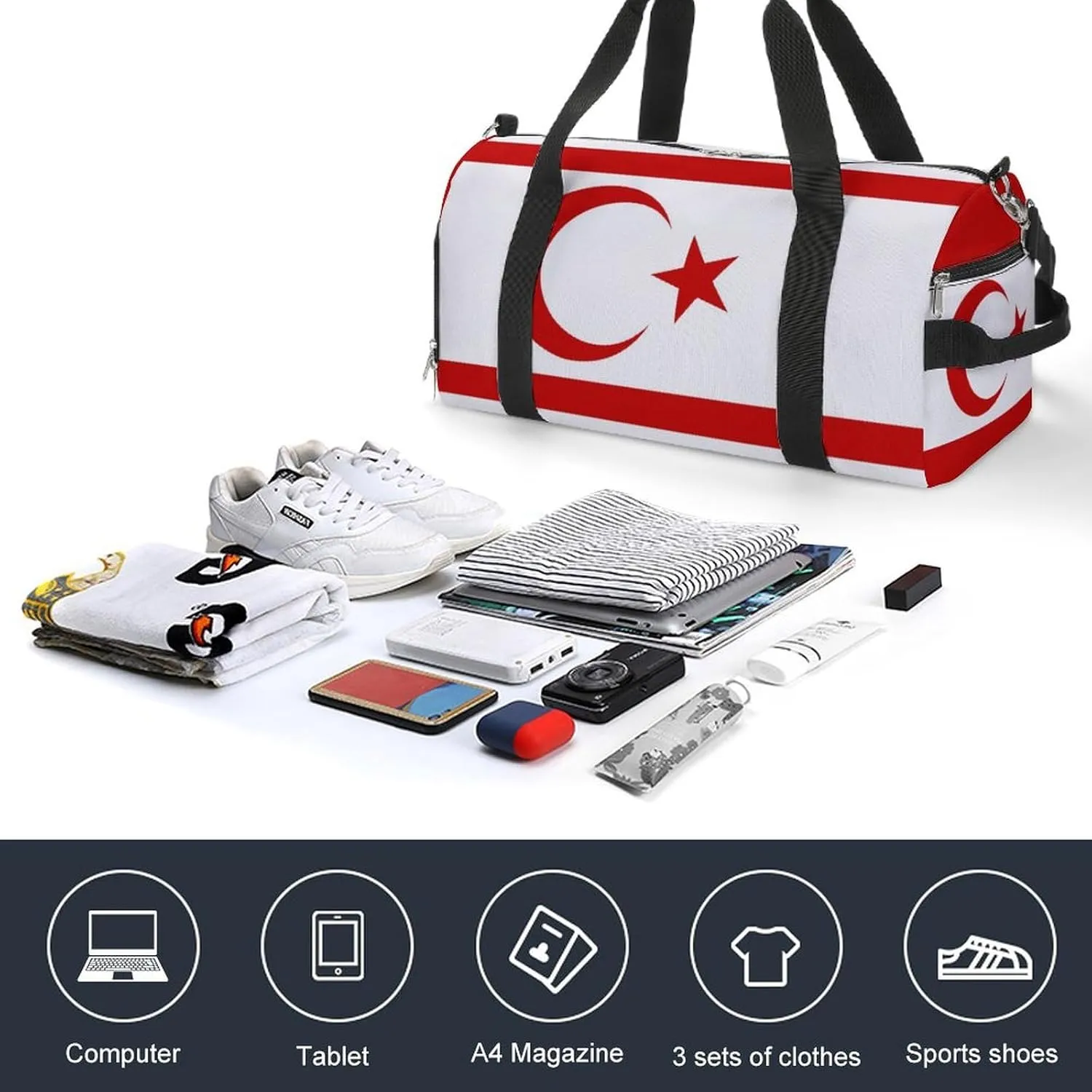 Turkish Republic Northern Cyprus Flag Duffel Bag for Men Women with Wet Pocket Shoe Compartment