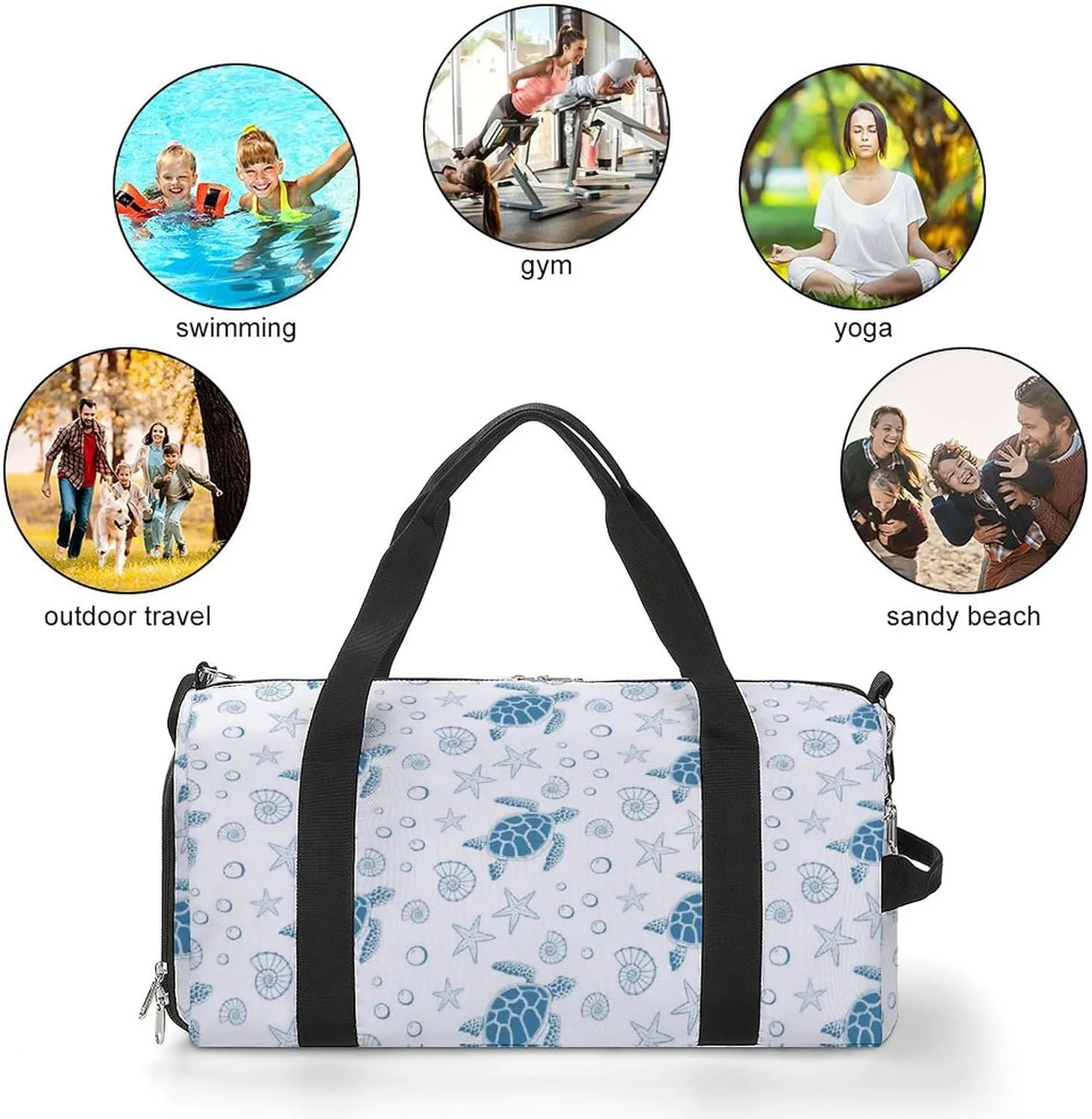 Turtle, Sea Stars And Shells Water Resistant Gym Bag with Shoe Compartment, Travel Duffel Tote Bag Weekender Overnight Bag for Women Men