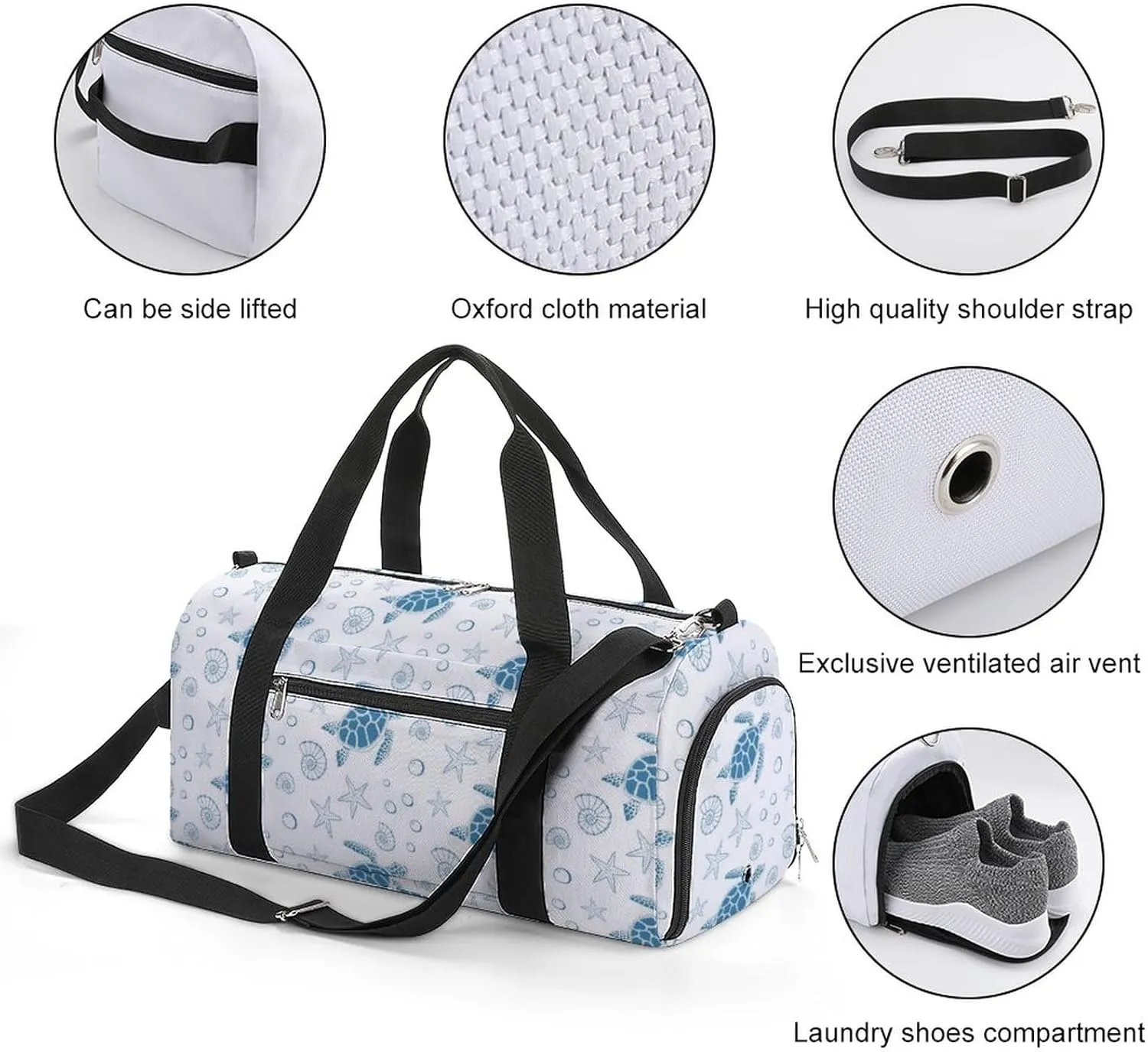 Turtle, Sea Stars And Shells Water Resistant Gym Bag with Shoe Compartment, Travel Duffel Tote Bag Weekender Overnight Bag for Women Men
