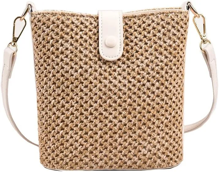 Ulisty Women Small Faux Straw Bag Mini Woven Bucket Bag Summer Beach Bag Fashion Crossbody Bag Shoulder Bag Handbag
