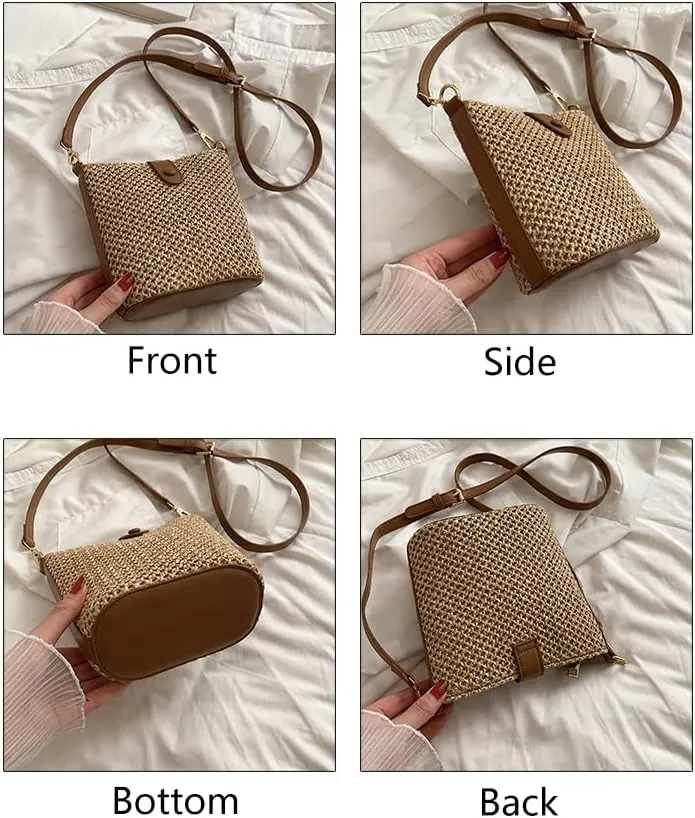 Ulisty Women Small Faux Straw Bag Mini Woven Bucket Bag Summer Beach Bag Fashion Crossbody Bag Shoulder Bag Handbag