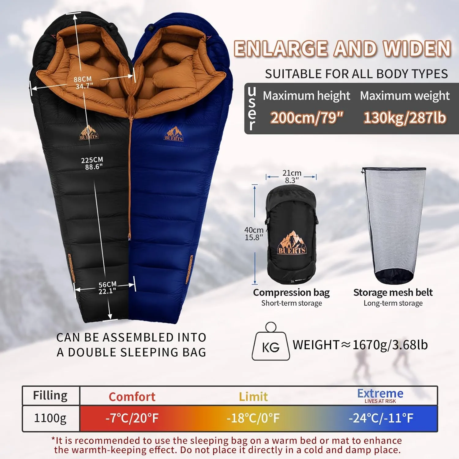 Ultralight Down Sleeping Bag and Hiking Gaiter Combo,a combination of a 3 season sleeping bag(20 to -11℉)and 900D waterproof and windproof lightweight gaiter is the best choice for hiking, back