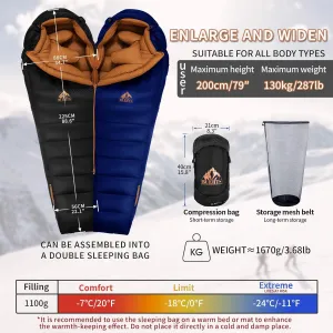 Ultralight Down Sleeping Bag and Hiking Gaiter Combo,a combination of a 3 season sleeping bag(20 to -11℉)and 900D waterproof and windproof lightweight gaiter is the best choice for hiking, back