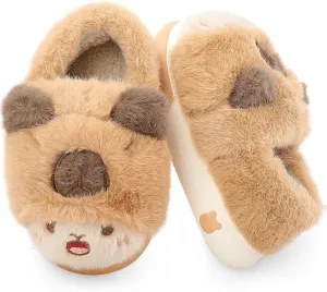 Unisex Kids Toddler Slippers - Brown, Fuzzy, Playful, Cartoon Animal Themed - Panda & Sloth Motifs - Soft Plush, Warm, Anti-Slip EVA Soles - Perfect for Indoor, Outdoor & Casual Wear