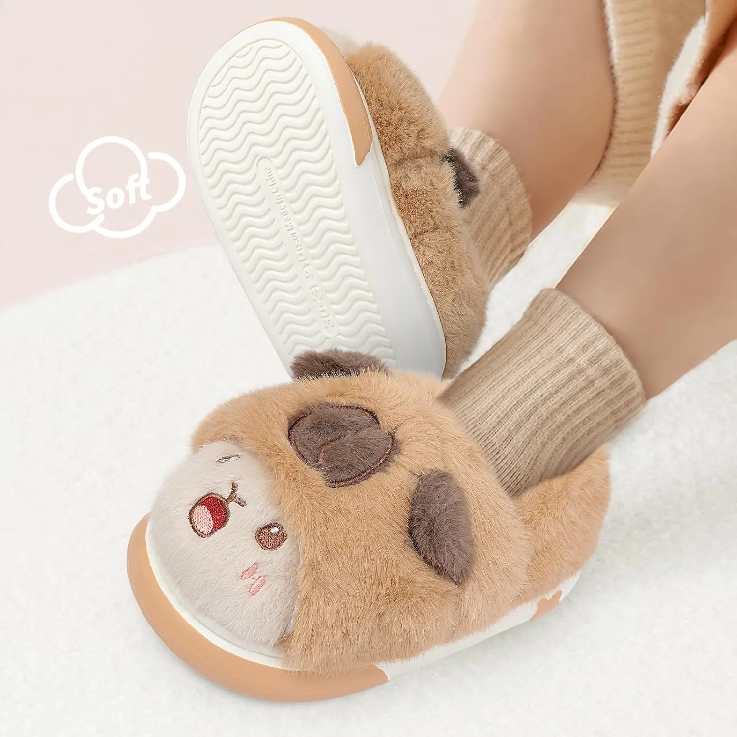 Unisex Kids Toddler Slippers - Brown, Fuzzy, Playful, Cartoon Animal Themed - Panda & Sloth Motifs - Soft Plush, Warm, Anti-Slip EVA Soles - Perfect for Indoor, Outdoor & Casual Wear