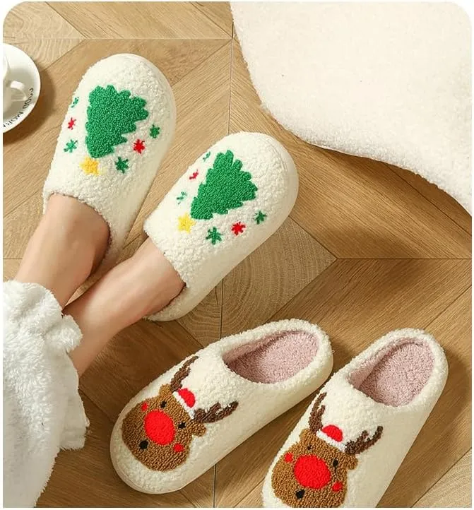 Unisex Xmas Elk Shoes Santa Reindeer Cute Strawberry Cartoon Christmas Tree Pink Bow Memory Foam Soft Plush House Slippers Indoor/Outdoor