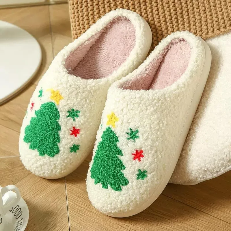 Unisex Xmas Elk Shoes Santa Reindeer Cute Strawberry Cartoon Christmas Tree Pink Bow Memory Foam Soft Plush House Slippers Indoor/Outdoor