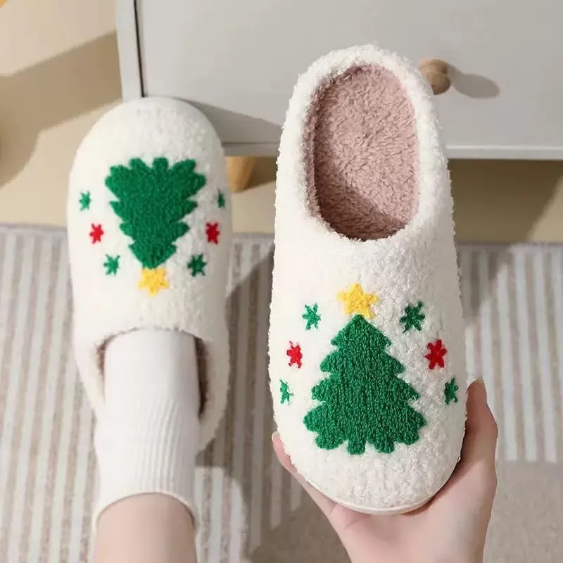 Unisex Xmas Elk Shoes Santa Reindeer Cute Strawberry Cartoon Christmas Tree Pink Bow Memory Foam Soft Plush House Slippers Indoor/Outdoor