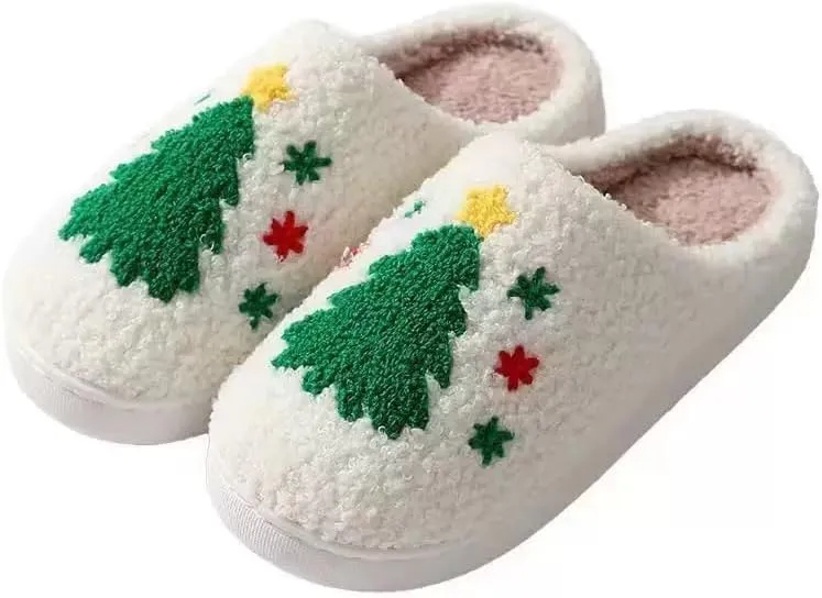 Unisex Xmas Elk Shoes Santa Reindeer Cute Strawberry Cartoon Christmas Tree Pink Bow Memory Foam Soft Plush House Slippers Indoor/Outdoor