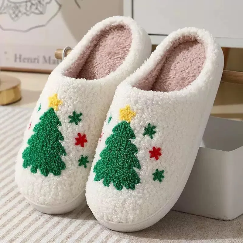 Unisex Xmas Elk Shoes Santa Reindeer Cute Strawberry Cartoon Christmas Tree Pink Bow Memory Foam Soft Plush House Slippers Indoor/Outdoor