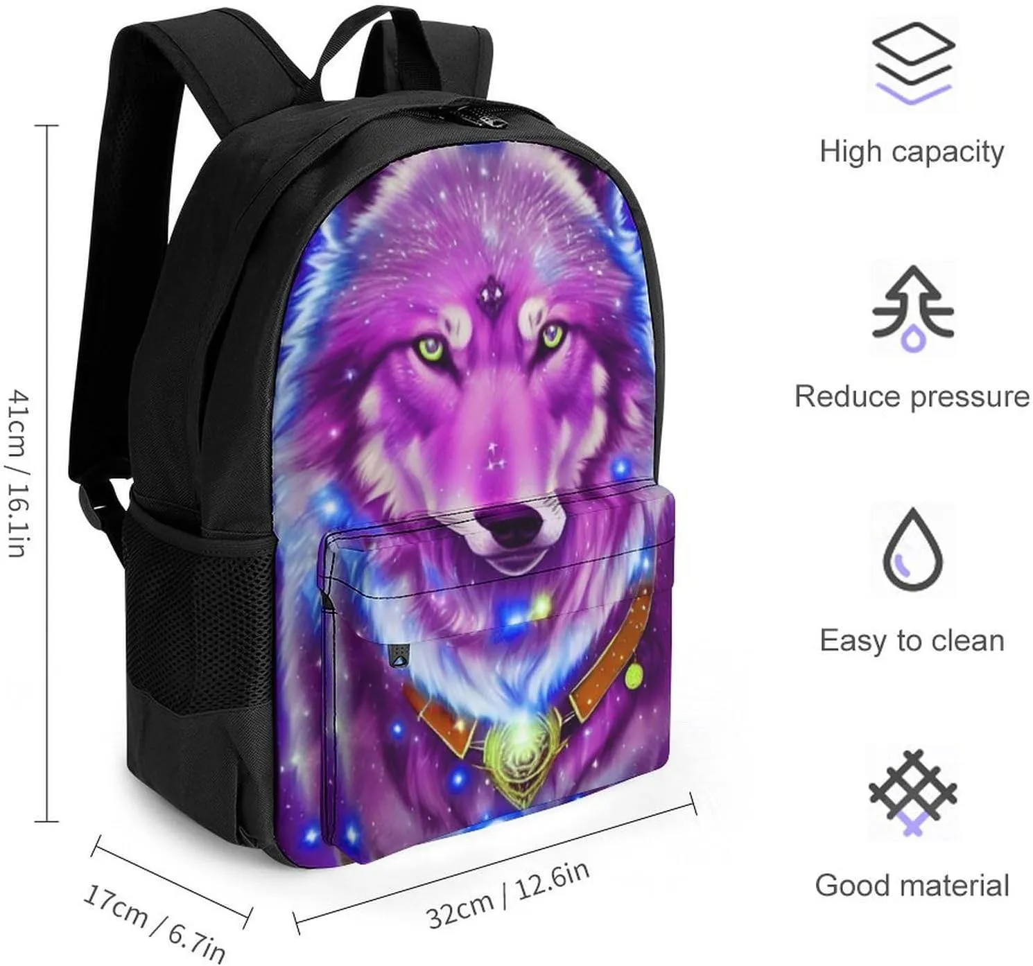 Universe Galaxy Magic Wolf In The Space Art Backpack Lightweight Anti-Theft Multipurpose Shoulder Bag Large Capacity Travel Hiking Backpack With Padded Straps