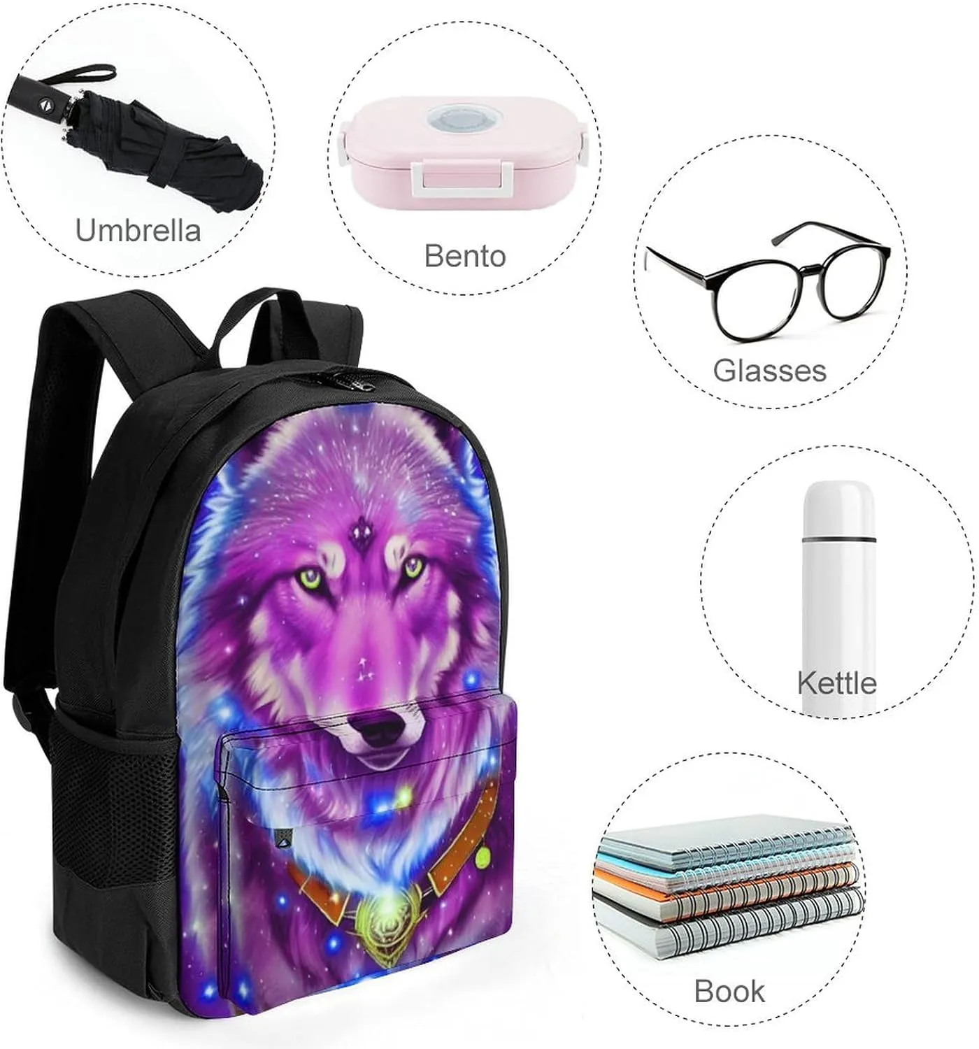 Universe Galaxy Magic Wolf In The Space Art Backpack Lightweight Anti-Theft Multipurpose Shoulder Bag Large Capacity Travel Hiking Backpack With Padded Straps