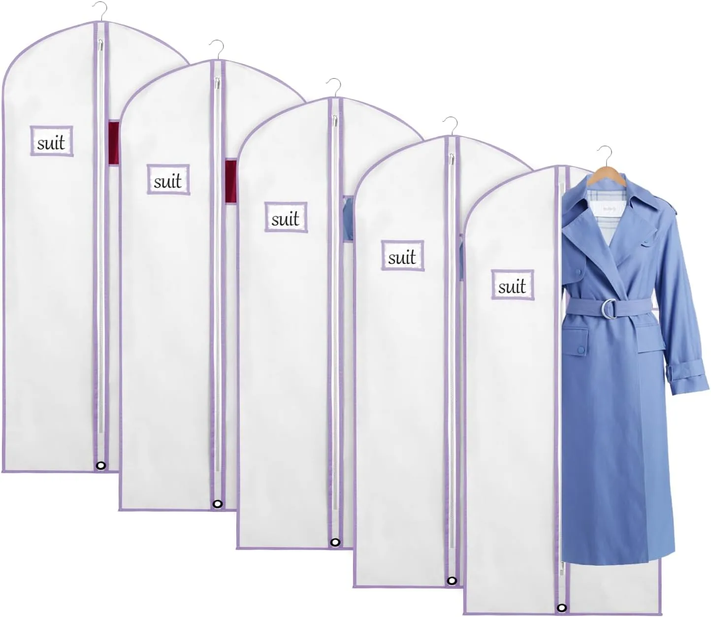 Univivi Garment Bags for Storage, 60" Dress Garment Bags, Set of 5, White/Purple