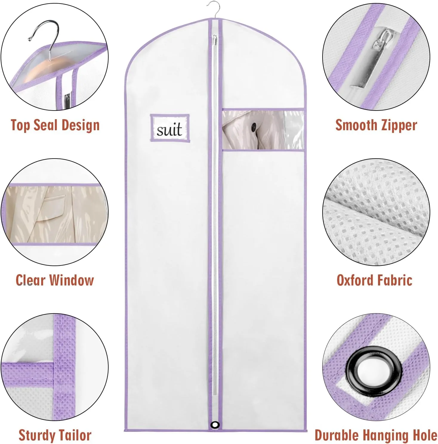 Univivi Garment Bags for Storage, 60" Dress Garment Bags, Set of 5, White/Purple