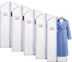 Univivi Garment Bags for Storage, 60" Dress Garment Bags, Set of 5, White/Purple