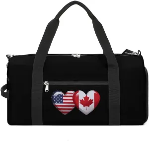 USA Canada Heart Country Flag American Canadian Sports Gym Bag for Men Women Travel Duffel Bag with Shoulder Strap
