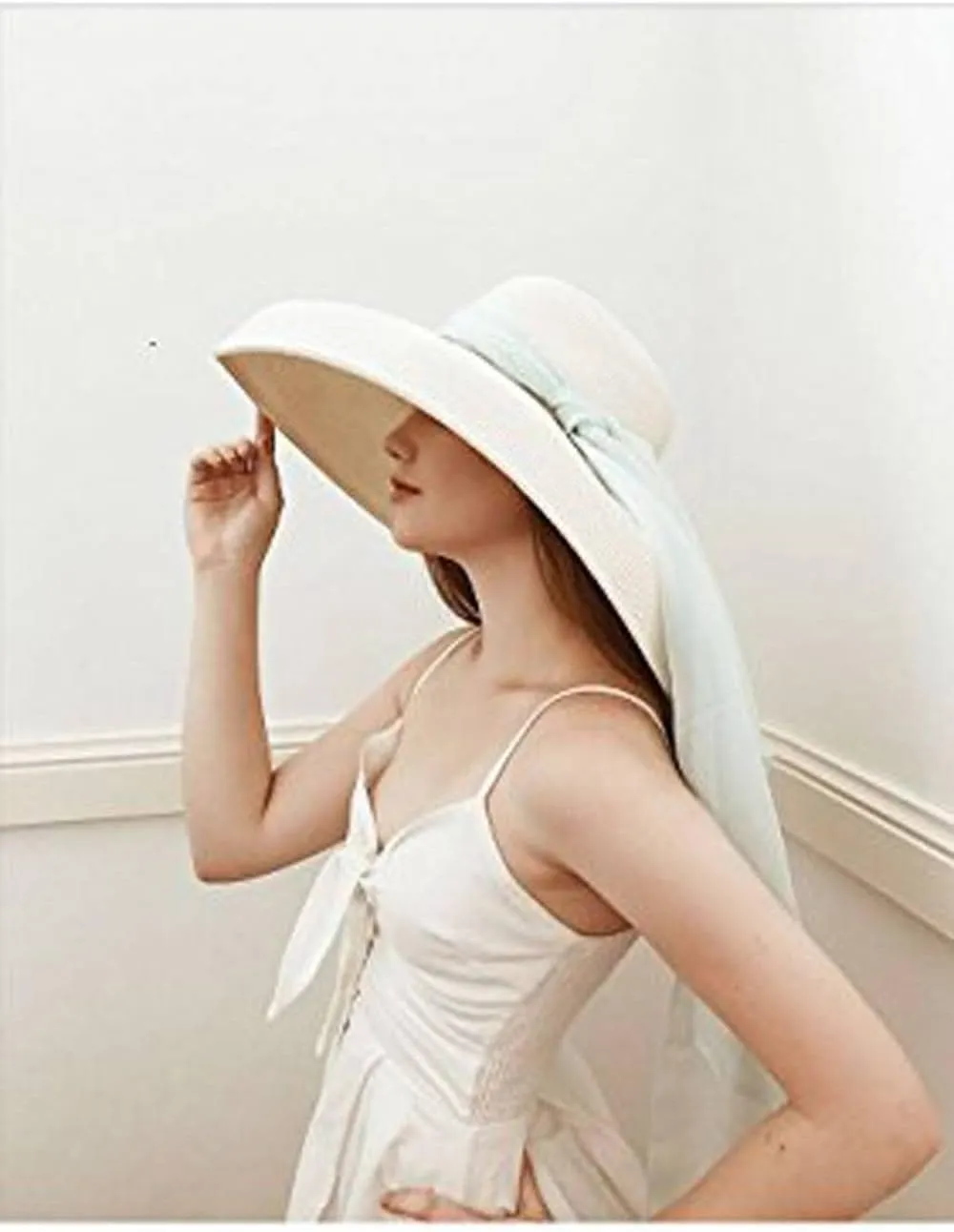 Utopiat MIU Oversized Straw Holiday Beach Natural White Hat W/Silk Scarf