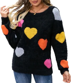 Valentine Sweater for Women Romantic Oversized Heart Print Long Sleeve Crew Neck Sweatshirt Casual Cute Pullover Top