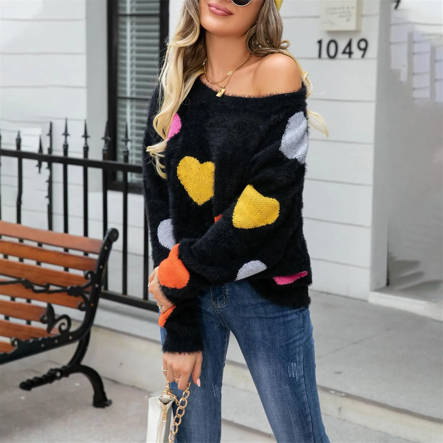 Valentine Sweater for Women Romantic Oversized Heart Print Long Sleeve Crew Neck Sweatshirt Casual Cute Pullover Top