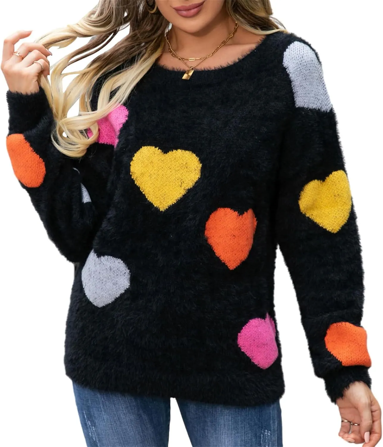 Valentine Sweater for Women Romantic Oversized Heart Print Long Sleeve Crew Neck Sweatshirt Casual Cute Pullover Top