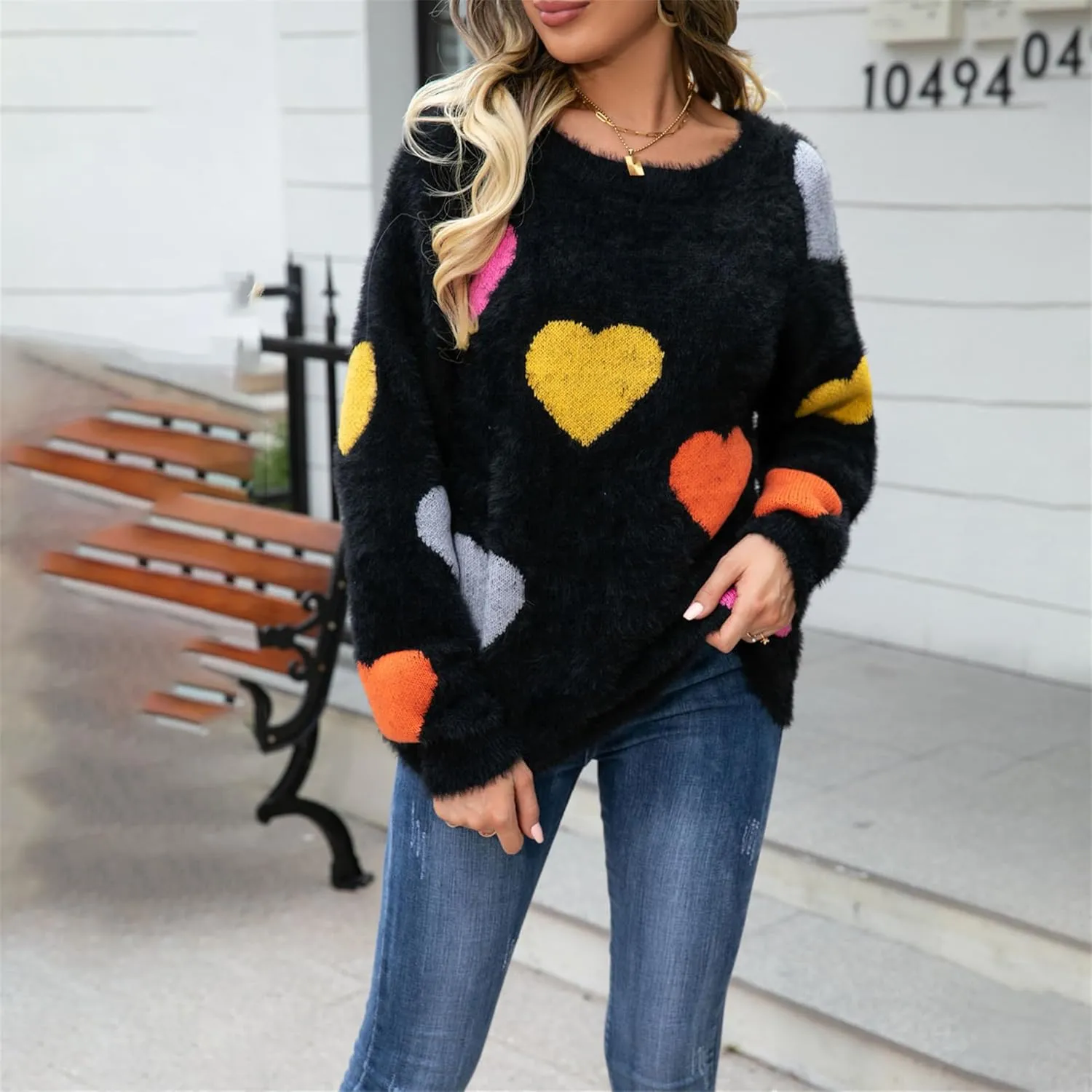 Valentine Sweater for Women Romantic Oversized Heart Print Long Sleeve Crew Neck Sweatshirt Casual Cute Pullover Top
