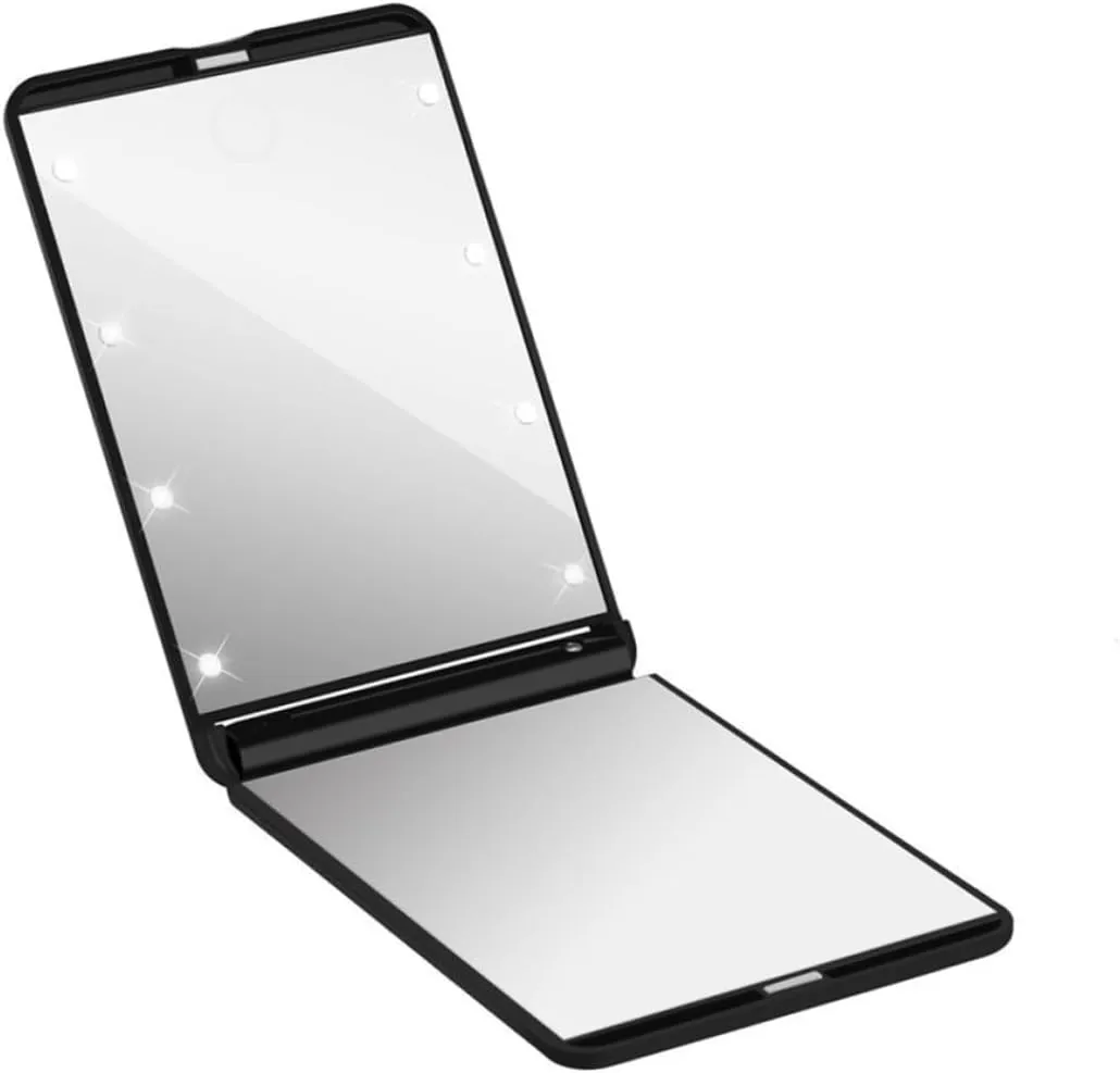 VALICLUD LED Lighted Makeup Mirror Portable Compact Folding Vanity Mirror with LED Lights Rotation for Easy Viewing for Travel and Makeup Application Low Light Conditions Black