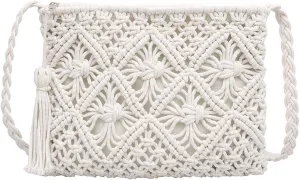 Van Caro Handwoven Cotton Straw Shoulder Bag Crochet Tassel Beach Bohemian Purse for Women