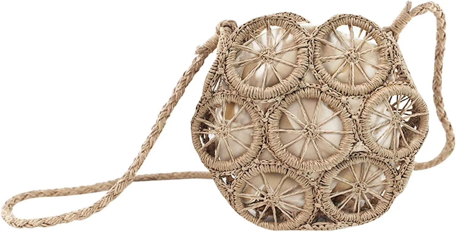 Van Caro Handwoven Cotton Straw Shoulder Bag Crochet Tassel Beach Bohemian Purse for Women