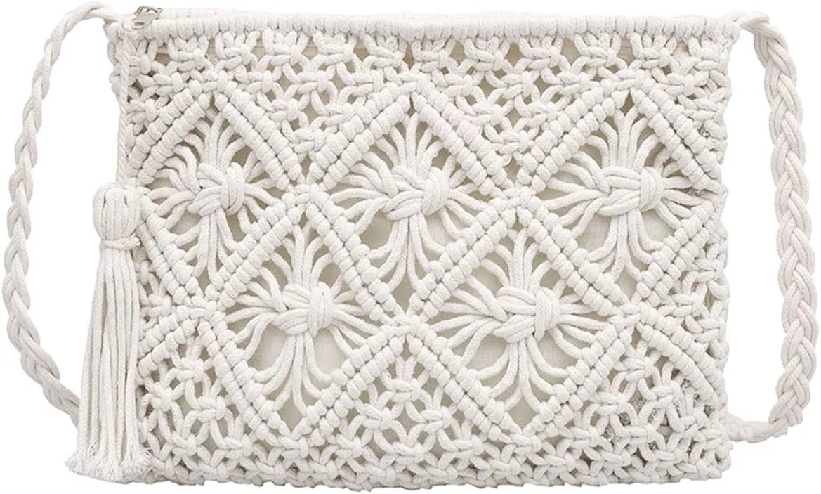 Van Caro Handwoven Cotton Straw Shoulder Bag Crochet Tassel Beach Bohemian Purse for Women