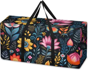Varicolored Flowers Extra Large Moving Bags Heavy Duty Storage Bags Fantastic Flowers Cloth Wrap Around Handles Double Zipper Reusable Convenient Foldable Storage Tote for Travel Camping Space Save